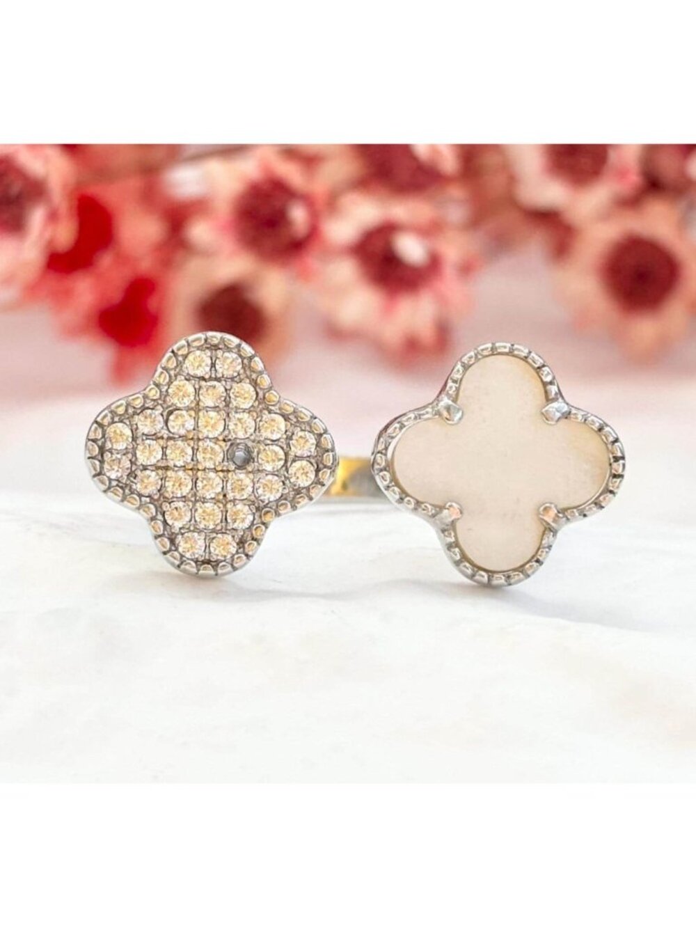 4 Leaf Clover Shaped Pave CZ Stone Sterling Silver 925 Vintage Ring - sz 8.75